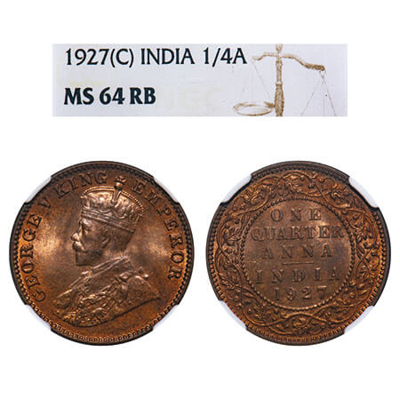 George V, Bronze, Quarter Anna, 1927, Calcutta Mint, No dot, Elephant. F. Prid 668. GK 118