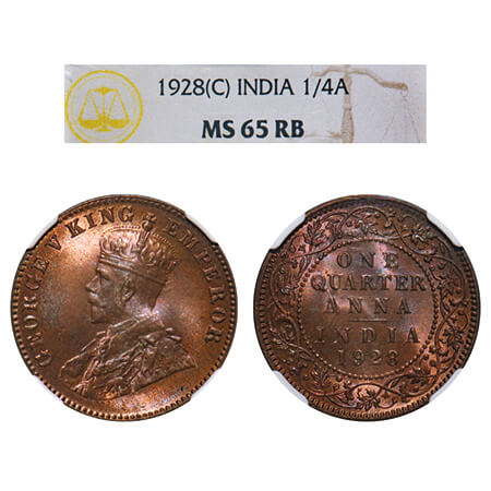 George V, Bronze, Quarter Anna, 1928, Calcutta Mint, No dot, Elephant. F. Prid 669. GK 118