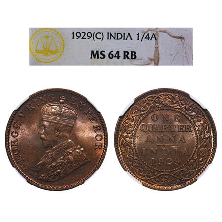 George V, Bronze, Quarter Anna, 1929, Calcutta Mint, No dot, Elephant. F. Prid 670. GK 118