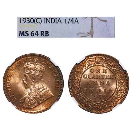 George V, Bronze, Quarter Anna, 1930, Bombay Mint, Dot, Elephant. F. Prid 671. GK 1190. NG