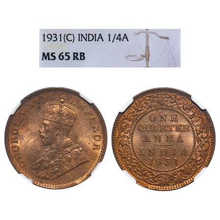 George V, Bronze, Quarter Anna, 1931, Calcutta Mint, No dot, Elephant. F. Prid 672. GK 119