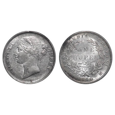 Victoria Queen, Silver, Rupee, 1840, DL, Calcutta Mint, W.W. raised, Wreath with 28 Berrie