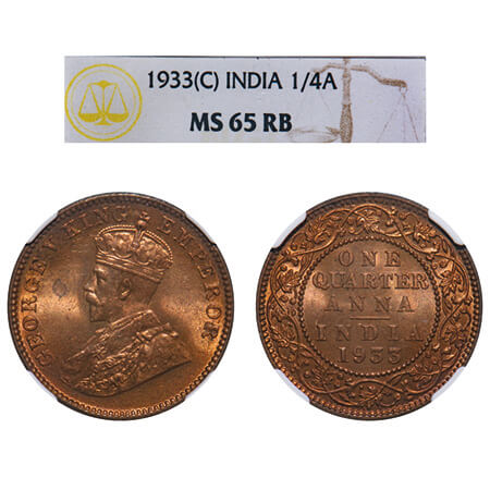 George V, Bronze, Quarter Anna, 1933, Calcutta Mint, No dot, Elephant. F. Prid 673. GK 119