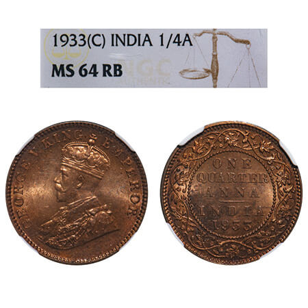 George V, Bronze, Quarter Anna, 1933, Calcutta Mint, No dot, Elephant. F. Prid 673. GK 119