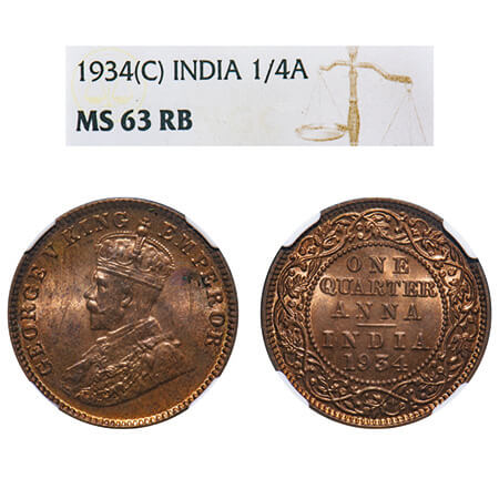 George V, Bronze, Quarter Anna, 1934, Calcutta Mint, No dot, Elephant. F. Prid 674. GK 119