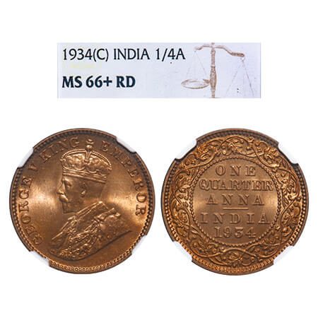 George V, Bronze, Quarter Anna, 1934, Calcutta Mint, No dot, Elephant. F. Prid 674. GK 119
