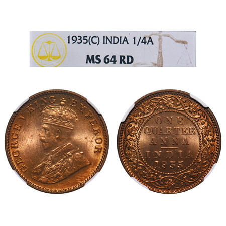 George V, Bronze, Quarter Anna, 1935, Calcutta Mint, No dot, Elephant. F. Prid 675. GK 119