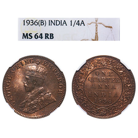 George V, Bronze, Quarter Anna, 1936, Bombay Mint, Dot, Elephant. F. Prid 683. GK 1196. NG