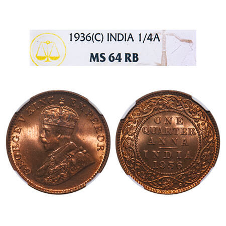 George V, Bronze, Quarter Anna, 1936, Calcutta Mint, No dot, Elephant. F. Prid 676. GK 119