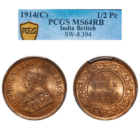 George V, Bronze, 1/2 Pice, 1914, Calcutta Mint, No mint mark. F. Prid 747. GK 1200. PCGS 