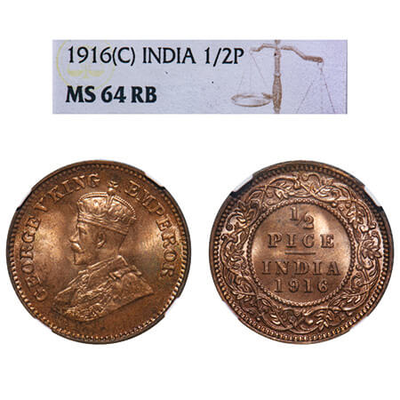 George V, Bronze, 1/2 Pice, 1916, Calcutta Mint, No mint mark. F. Prid 749. GK 1202. NGC S