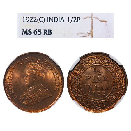 George V, Bronze, 1/2 Pice, 1922, Calcutta Mint, No mint mark. F. Prid 755. GK 1208. NGC S