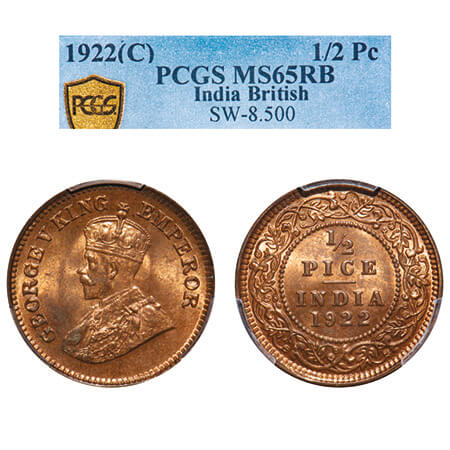 George V, Bronze, 1/2 Pice, 1922, Calcutta Mint, No mint mark. F. Prid 755. GK 1208. PCGS 