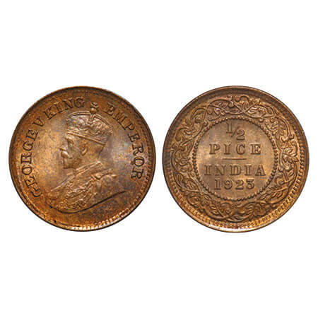 George V, Bronze, 1/2 Pice, 1923, Calcutta Mint, No mint mark. F. Prid 756. GK 1209. Uncir