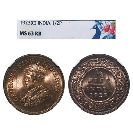 George V, Bronze, 1/2 Pice, 1923, Calcutta Mint, No mint mark. F. Prid 759. GK 1209. NGC S
