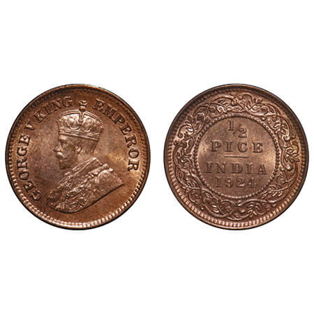 George V, Bronze, 1/2 Pice, 1924, Calcutta Mint, No mint mark. F. Prid 757. GK 1210. Mint 
