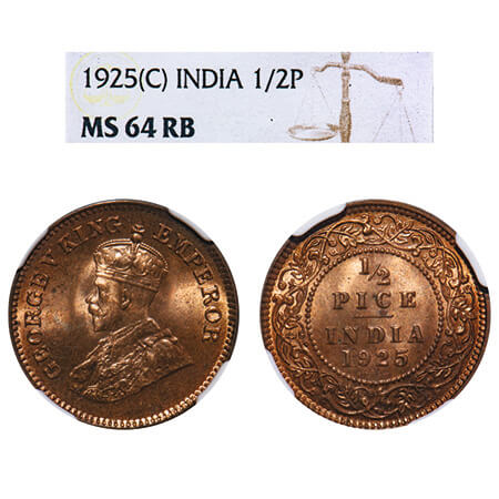 George V, Bronze, 1/2 Pice, 1925, Calcutta Mint, No mint mark. F. Prid 758. GK 1211. NGC S