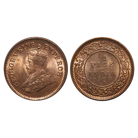 George V, Bronze, 1/2 Pice, 1928, Calcutta Mint, No mint mark. F. Prid 761. GK 1214. Mint 