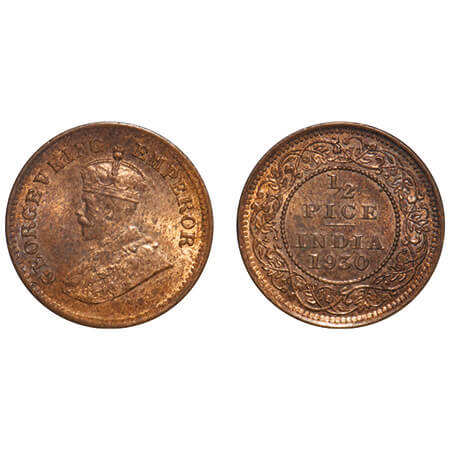 George V, Bronze, 1/2 pice, 1930, Calcutta Mint, No mint mark. F. Prid 763. GK 1216. Brill