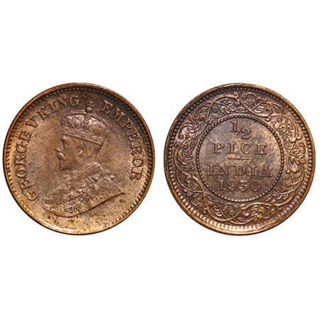 George V, Bronze, 1/2 Pice, 1930, Calcutta Mint, No mint mark. F. Prid 763. GK 1216. Uncir
