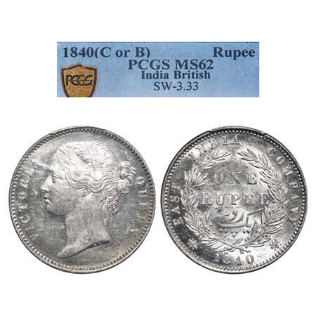 Victoria Queen, Silver, Rupee, 1840, DL, Calcutta Mint, W.W. raised, Wreath with 28 Berrie