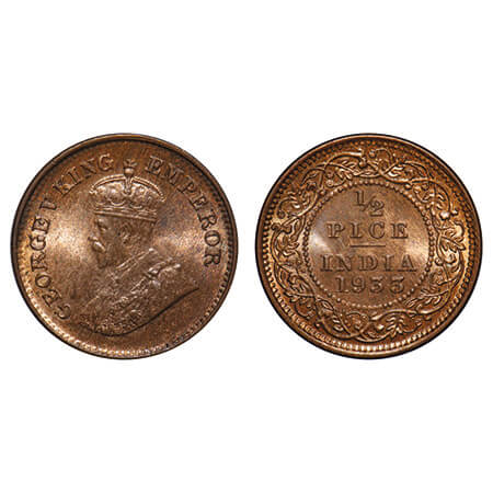 George V, Bronze, 1/2 Pice, 1933, Calcutta Mint, No mint mark. F. Prid 766. GK 1219. Mint 
