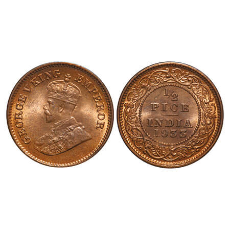 George V, Bronze, 1/2 Pice, 1933, Calcutta Mint, No mint mark. F. Prid 766. GK 1219. Mint 