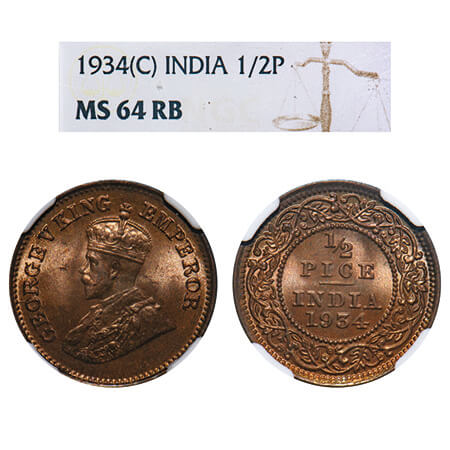 George V, Bronze, 1/2 Pice, 1934, Calcutta Mint, No mint mark. F. Prid 767. GK 1220. NGC S