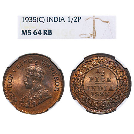 George V, Bronze, 1/2 Pice, 1935, Calcutta Mint, No mint mark. F. Prid 768. GK 1221. NGC S