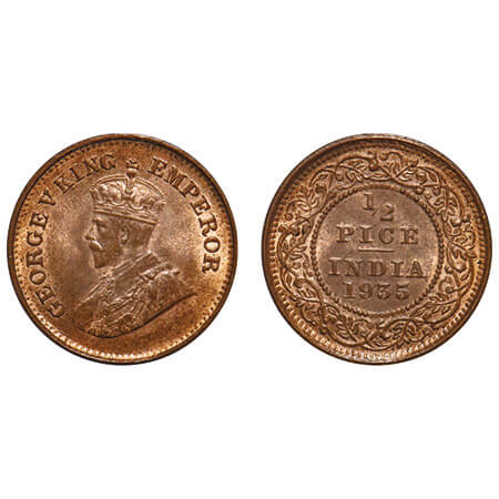 George V, Bronze, 1/2 Pice, 1935, Calcutta Mint, No mint mark. F. Prid 768. GK 1221. Brill