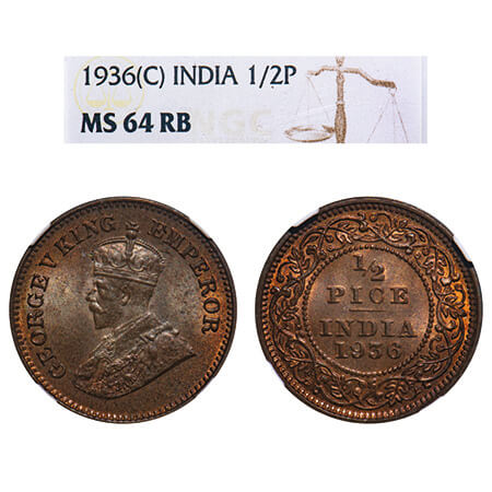 George V, Bronze, 1/2 Pice, 1936, Calcutta Mint, No mint mark. F. Prid 769. GK 1222. NGC S