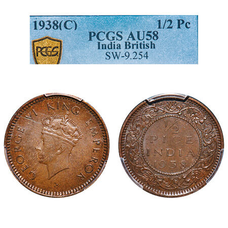 George VI, Bronze, 1/2 Pice, 1938, Calcutta Mint, No dot, Head Type I. F. Prid unlisted. G