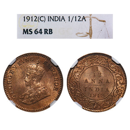 George V, Bronze, 1/12 Anna, 1912, Calcutta Mint, No dot. F. Prid 827. GK 1223. NGC Slabbe