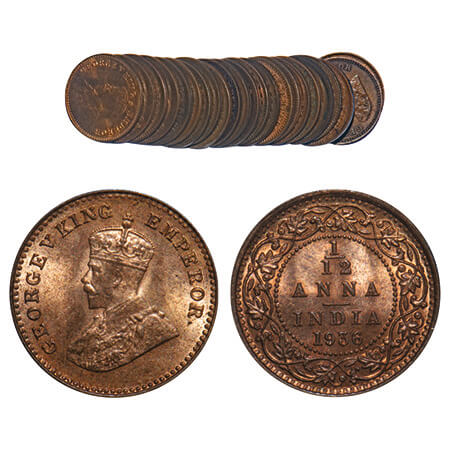 George V, Bronze, 1/12 Anna, (Lot of 24 coins), 1912, 1913, 1914, 1915, 1916, 1917, 1918, 