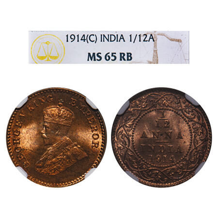 George V, Bronze, 1/12 Anna, 1914, Calcutta Mint, No dot. F. Prid 829. GK 1225. NGC Slabbe