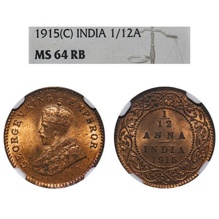 George V, Bronze, 1/12 Anna, 1915, Calcutta Mint, No dot. F. Prid 830. GK 1226. NGC Slabbe