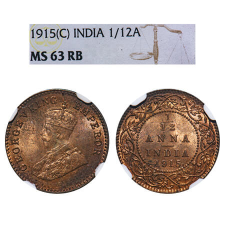 George V, Bronze, 1/12 Anna, 1915, Calcutta Mint, No dot. F. Prid 830. GK 1226. NGC Slabbe
