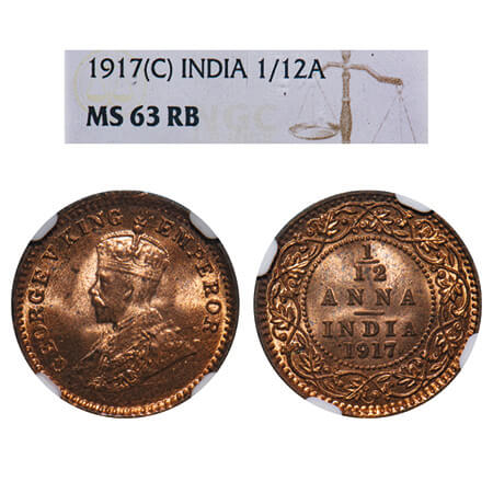 George V, Bronze, 1/12 Anna, 1917, Calcutta Mint, No dot. F. Prid 832. GK 1228. NGC Slabbe