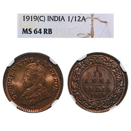 George V, Bronze, 1/12 Anna, 1919, Calcutta Mint, No dot. F. Prid 834. GK 1230. NGC Slabbe