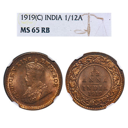 George V, Bronze, 1/12 Anna, 1919, Calcutta Mint, No dot. F. Prid 834. GK 1230. NGC Slabbe