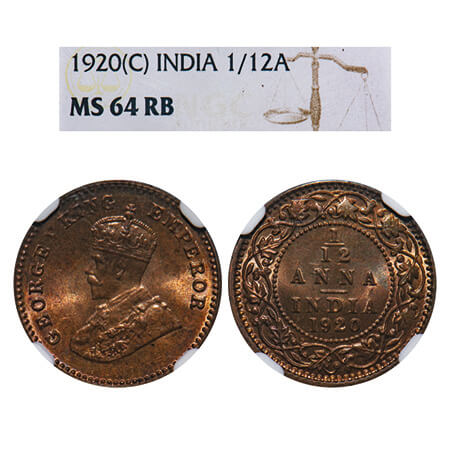 George V, Bronze, 1/12 Anna, 1920, Calcutta Mint, No dot. F. Prid 835. GK 1231. NGC Slabbe