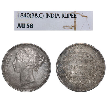 Victoria Queen, Silver, Rupee, 1840, DL, Calcutta Mint, W.W. raised, Wreath with 28 Berrie