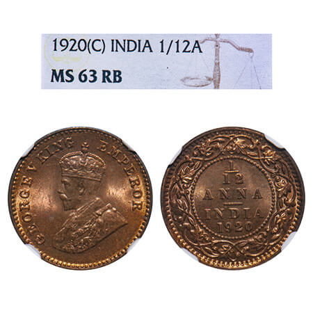 George V, Bronze, 1/12 Anna, 1920, Calcutta Mint, No dot. F. Prid 835. GK 1231. NGC Slabbe