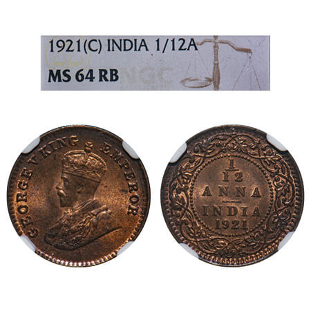 George V, Bronze, 1/12 Anna, 1921, Calcutta Mint, No dot. F. Prid 836. GK 1232. NGC Slabbe