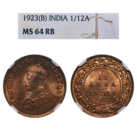 George V, Bronze, 1/12 Anna, 1923, Bombay Mint, Dot. F. Prid 851. GK 1233. NGC Slabbed MS 