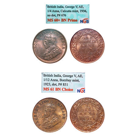 George V, Bronze, (2 slabs), 1) 1/12 Anna, 1923, Bombay Mint, Dot, 2) Quarter Anna, 1936, 