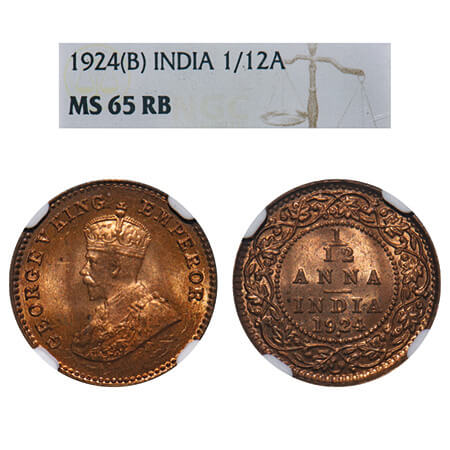 George V, Bronze, 1/12 Anna, 1924, Bombay Mint, Dot. F. Prid 852. GK 1235. NGC Slabbed MS 