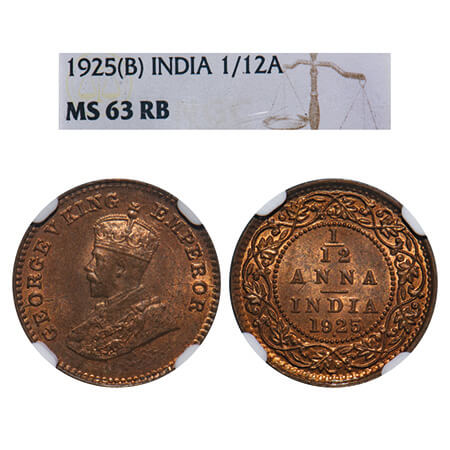 George V, Bronze, 1/12 Anna, 1925, Bombay Mint, Dot. F. Prid 853. GK 1237. NGC Slabbed MS 