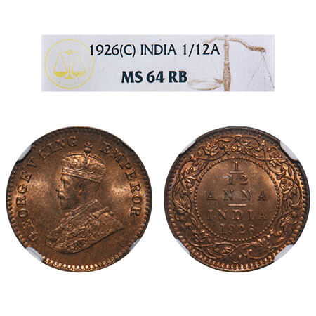 George V, Bronze, 1/12 Anna, 1926, Calcutta Mint, Dot. F. Prid 840. GK 1240. NGC Slabbed M