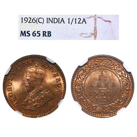 George V, Bronze, 1/12 Anna, 1926, Calcutta Mint, No dot. F. Prid 840. GK 1240. NGC Slabbe